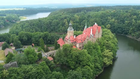 czocha castle in lubań county, lower silesian voivodeship, southwestern poland. aerial shot