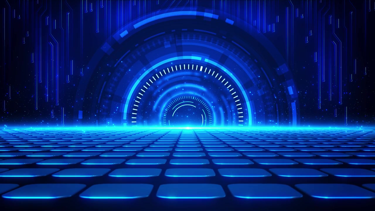 Cyan cirkulær interface-gateway med neon-scannerbuer, blå flisebelagt platform og digital horisontglød.