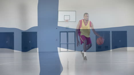 animation of flag of finland over african american basketball player on court