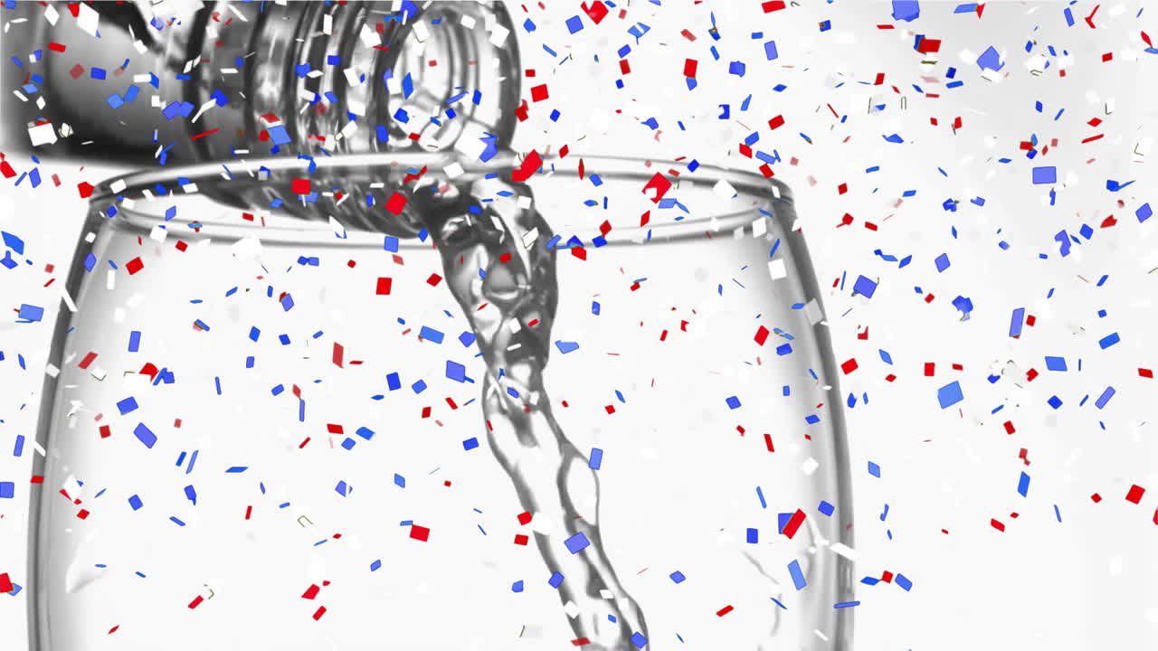 빨간색, 색, 파란색 콘페티 애니메이션으로 유리창에 물을 부어 넣는 것