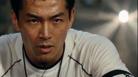intense portrait of a sweaty athlete after a hard workout.