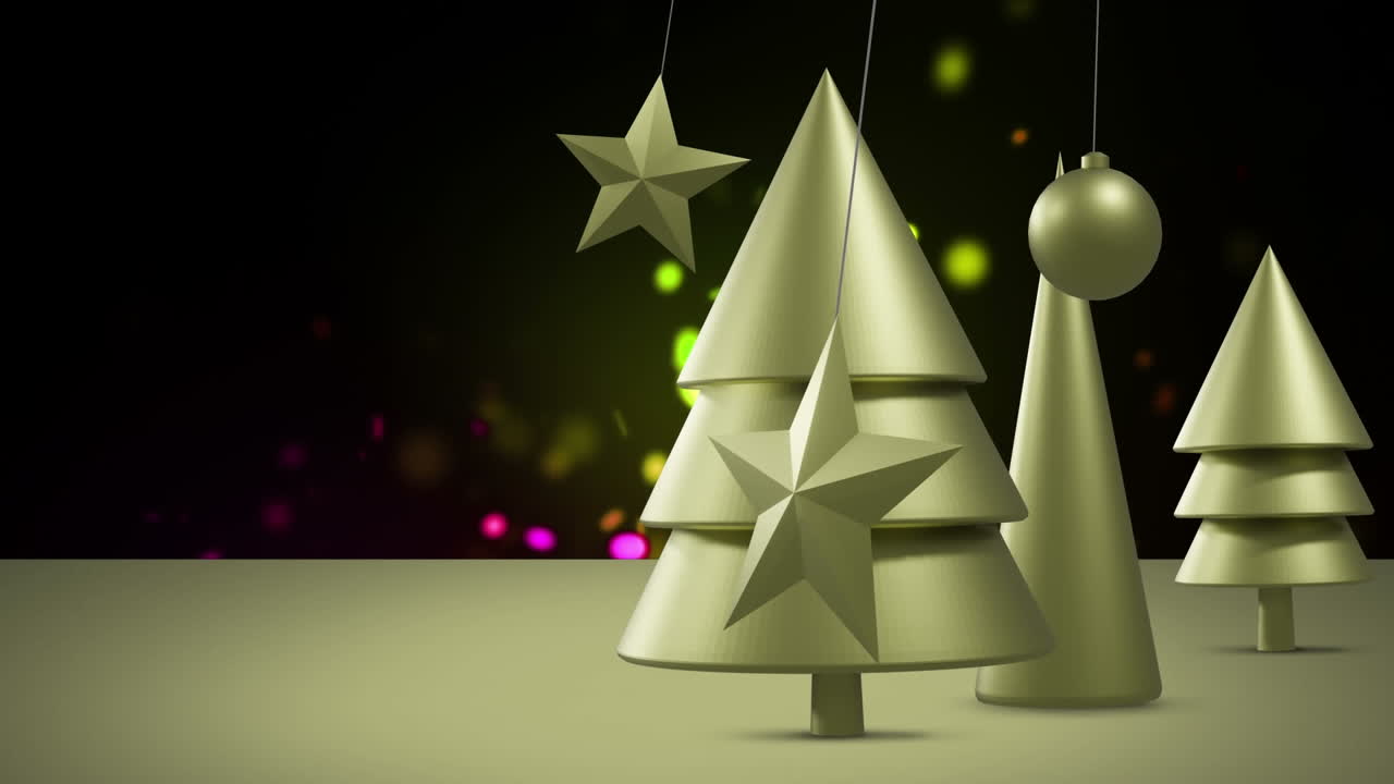 estrellas de navidad doradas y adornos sobre árboles de oro sobre un fondo negro con luces de colores