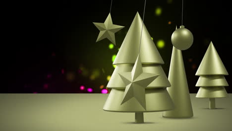 estrellas de navidad doradas y adornos sobre árboles de oro sobre un fondo negro con luces de colores