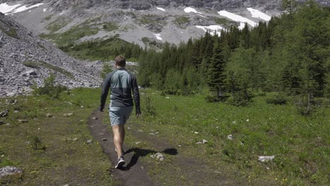 hiker on mountain trail in valley followed , rockies, kananaskis, alberta canada