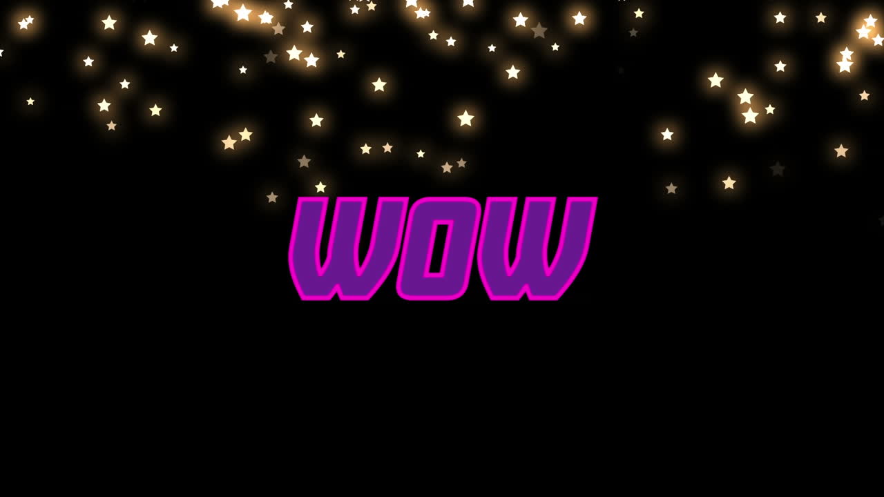 블랙 배경에 떨어지는 반 ⁇ 이는 별 아이콘 위에 와우 텍스트 배너
