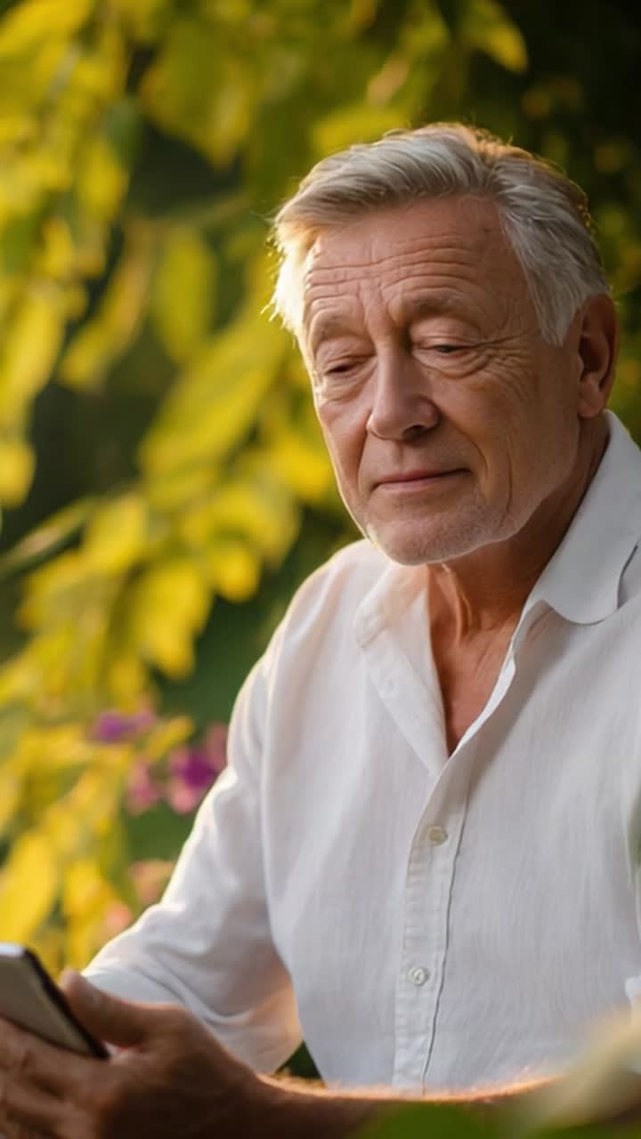 Un anciano reflexivo, absorto en su smartphone en medio de una exuberante vegetación y flores, reflexiona sobre la vida mientras está sentado al sol
