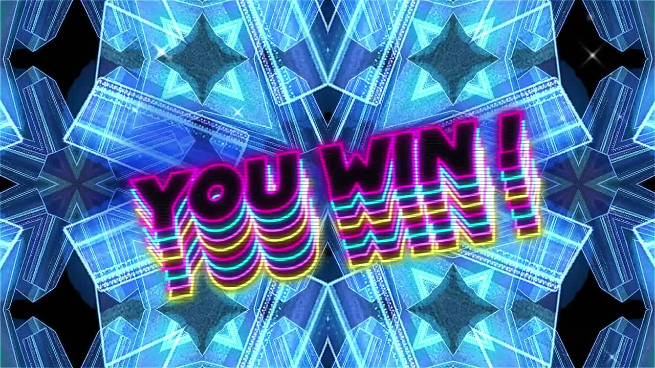 파란색 배경의 파란색 칼레이도스코픽 모양 위에 텍스트를 이기는 애니메이션