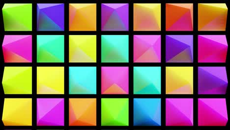 abstract festive background with multi-colored pyramids on a plane flashing neon light randomly. loop beautiful bg in 4k. smooth animation 3d rendering.