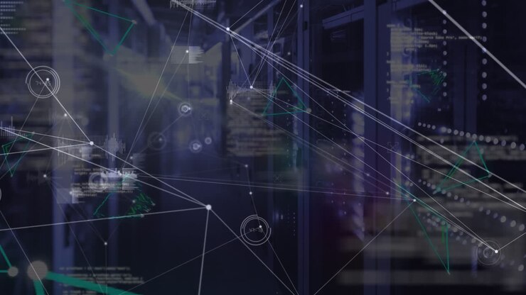 Animation of network of connections and data processing over server room