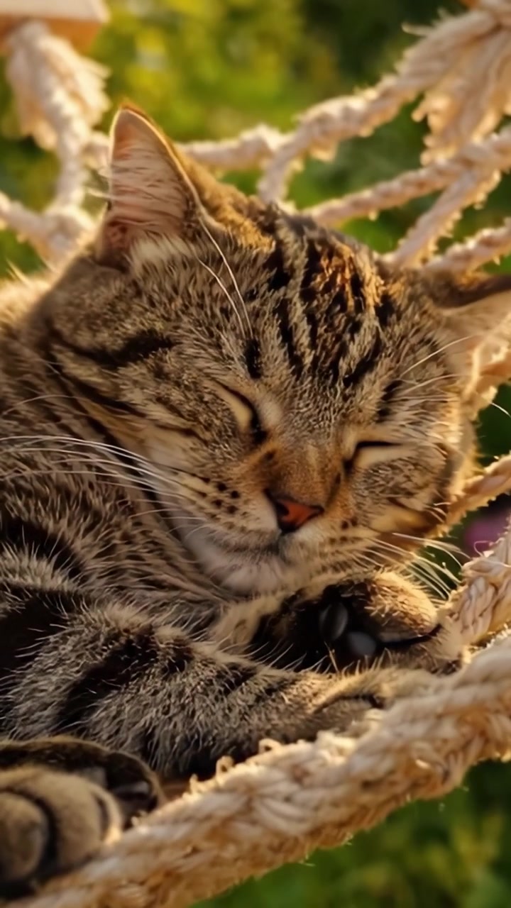 Un Tranquillo Rifugio Felino: Un gatto accoccolato in un'amaca, circondato da una natura vibrante e una luce solare soffusa, che cattura pura tranquillità e riposo.