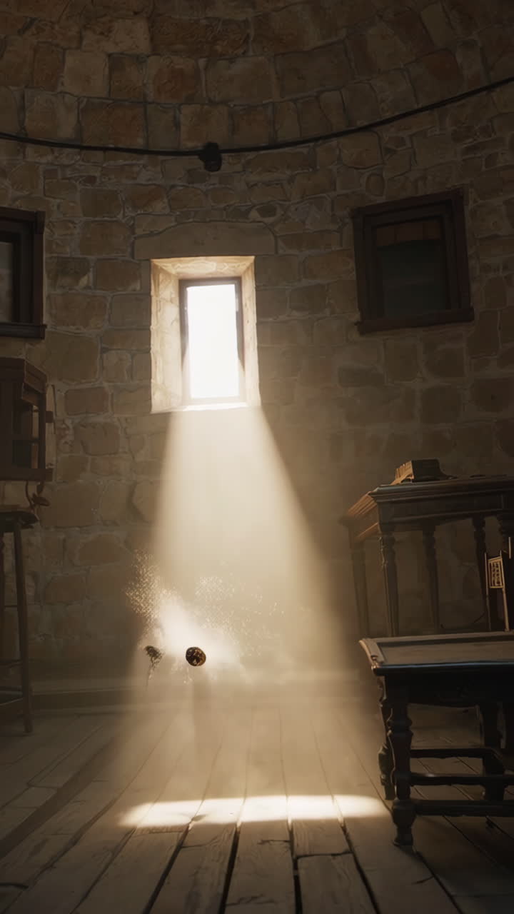 Ancient stone building interior with sunlight