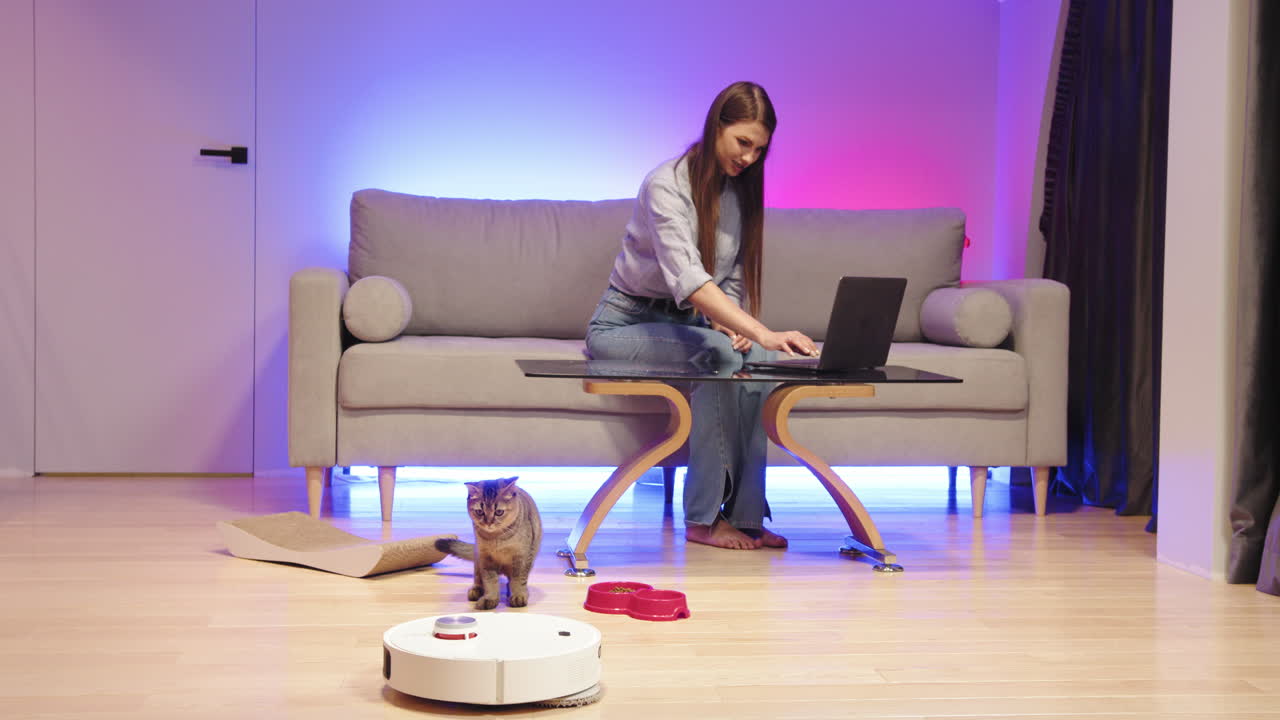mujer trabajando desde casa con su gato