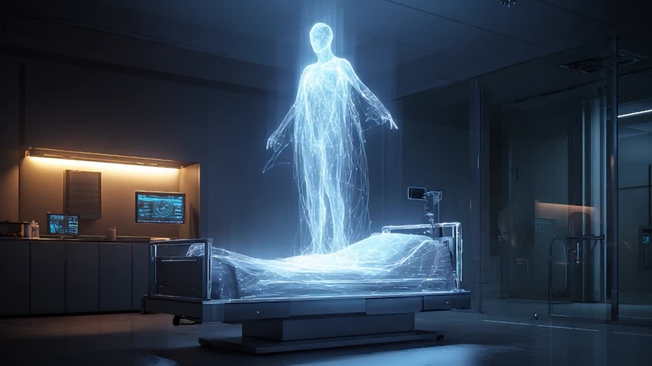 Holographic display of a human figure in a futuristic medical environment