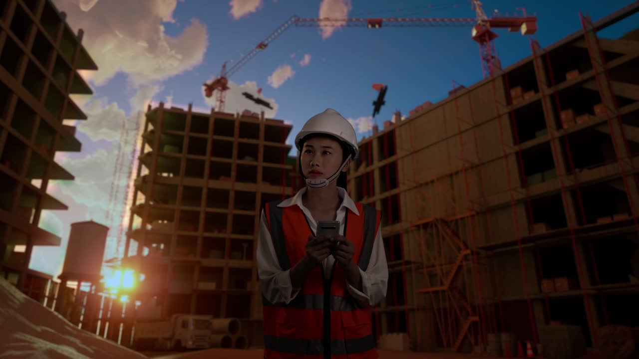 ingeniera asiática con casco de seguridad usando un teléfono inteligente y mirando a su alrededor mientras está de pie en el sitio de construcción, durante la puesta o el amanecer