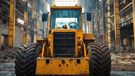 old yellow bulldozer rests in an abandoned industrial warehouse