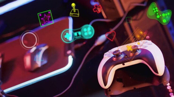 Animazione di icone al neon su apparecchiature informatiche per videogiochi
