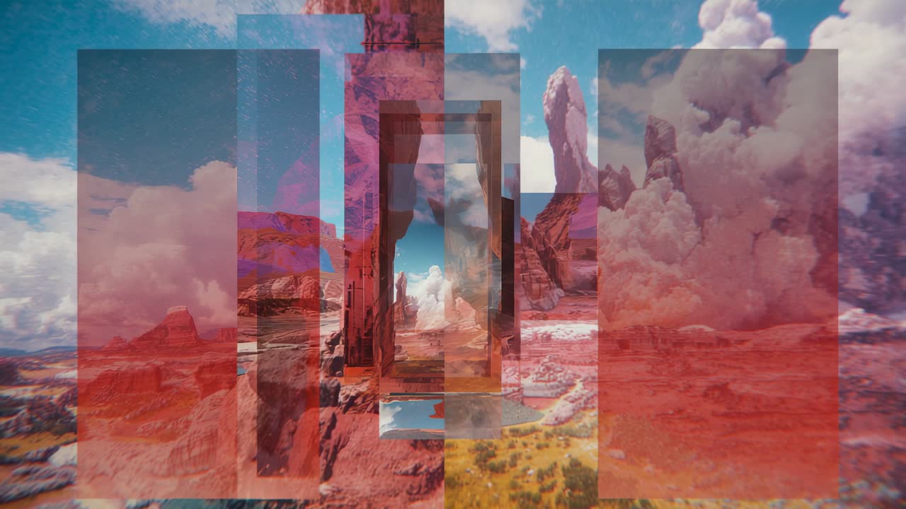 Fading translucent overlays shifting across red sandstone canyon panorama, creating glitch tunnel