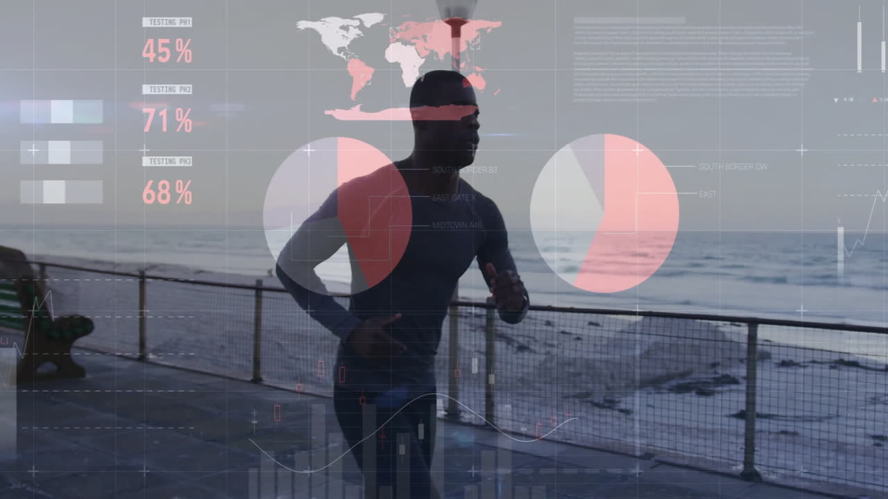 해변 산책로에서 달리는 사람, 바다 배경에 데이터 분석 애니메이션을 가진 사람