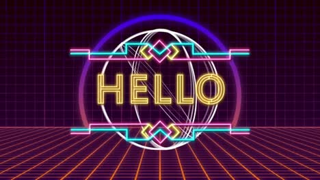 animation of hello text in yellow neon sign with circular scanner processing, on black