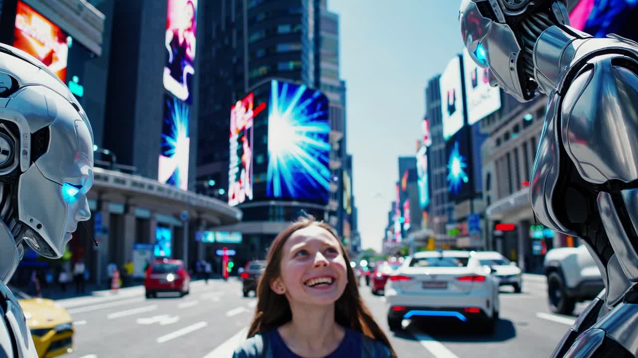 A girl interacts with robots in a futuristic city street scene