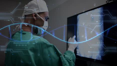 animación de cadena de adn y procesamiento de datos sobre cirujano caucásico en el hospital
