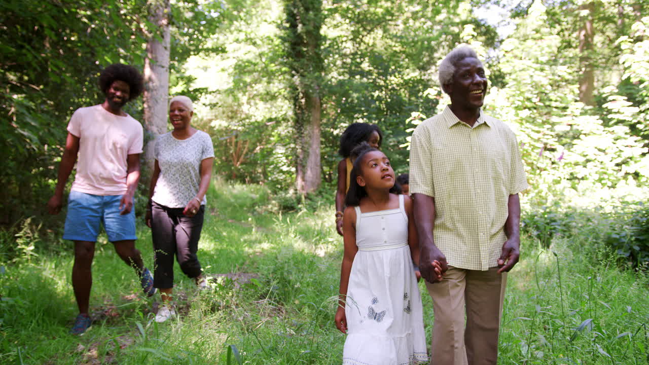 Multi generation black family walking together in a forest