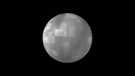 4k 3d animación de bucle en blanco y negro de esfera futurista de alta tecnología abstracta con patrón de luz de mosaico al azar. la esfera está creciendo con segmento gris. bucle sin costuras para elemento de efecto bola de tecnología.