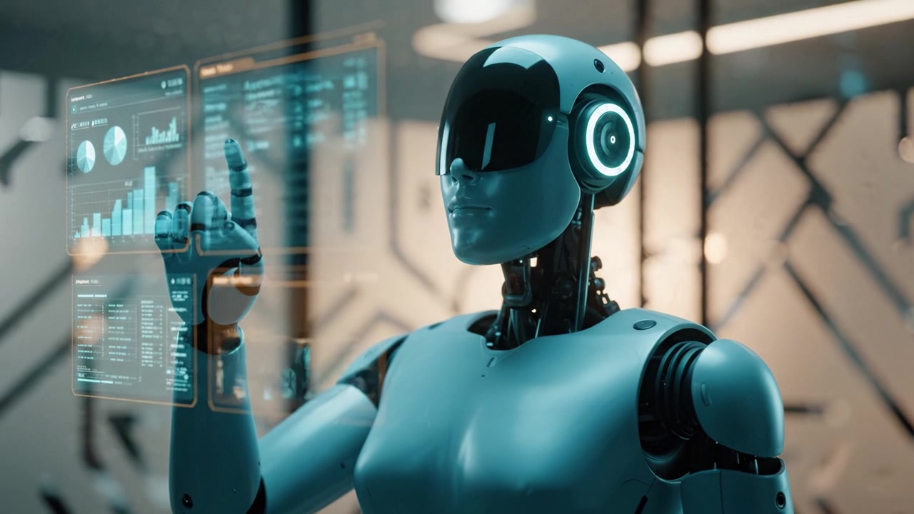 A Futuristic Robot with Interactive Displays Showcasing Data Analysis and Technological Advancements in a Modern Environment, Merging AI and Robotics Innovations