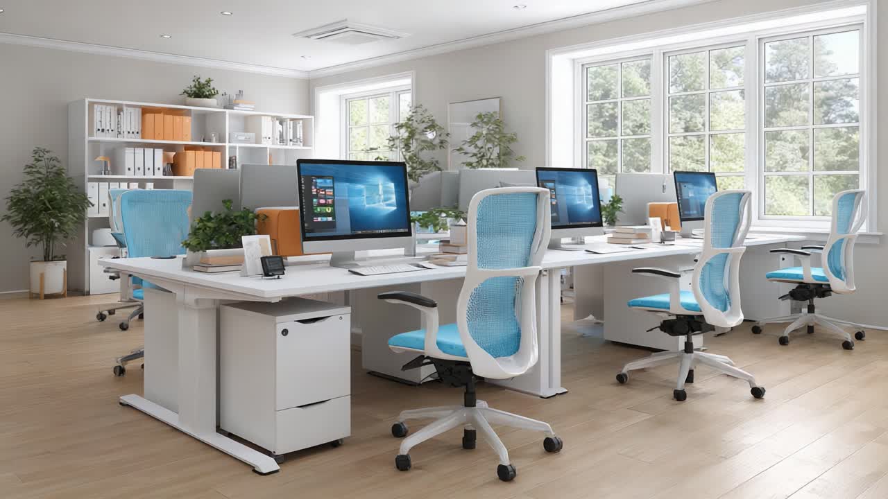 Modern Office Workspace Designed for Collaboration and Productivity Featuring Sleek Desks, Ergonomic Chairs, and Natural Light Enhancing Creativity and Comfort