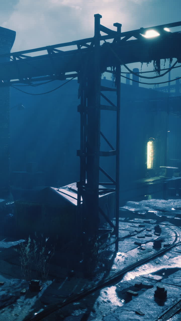 Industrial area at night with shadows and bright light from a window