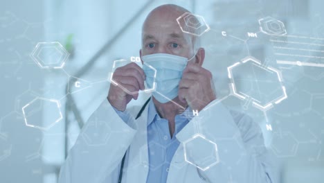 animación de la fórmula química sobre el médico caucásico que lleva una máscara facial