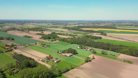 Luftaufnahme-Mit-Der-Landschaftsgeometriestruktur-Vieler-Landwirtschaftlicher-Felder-Mit-Verschiedenen-Pflanzen-Wie-Raps-In-Der-Blütezeit-Und-Grünem-Weizen