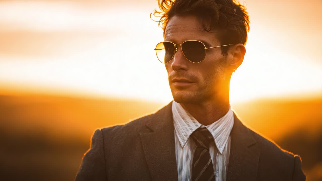 A Stylish Man Silhouetted Against a Stunning Sunset, Exuding Confidence in a Tailored Suit and Sunglasses, Perfectly Capturing the Essence of Elegance and Individuality