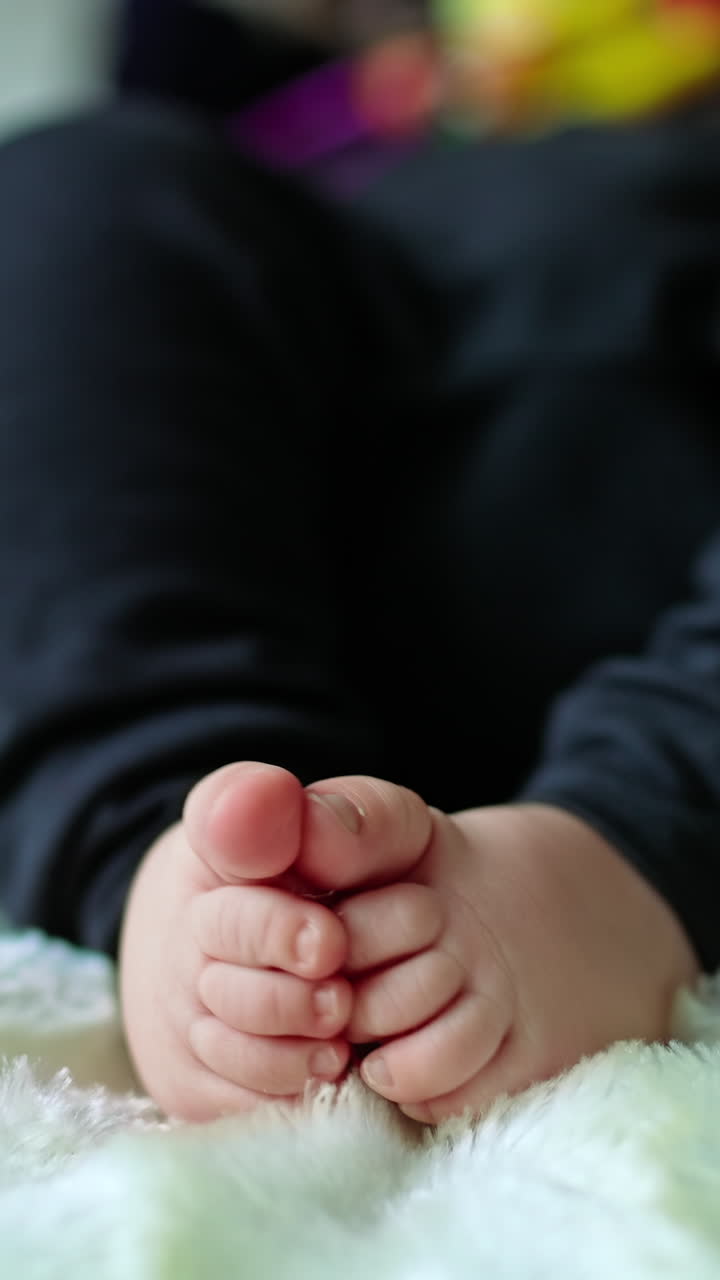 Cute baby feet rubbing each other. Child in dark clothes lies on the bed covered with white plaid. Blurred backdrop. Vertical video