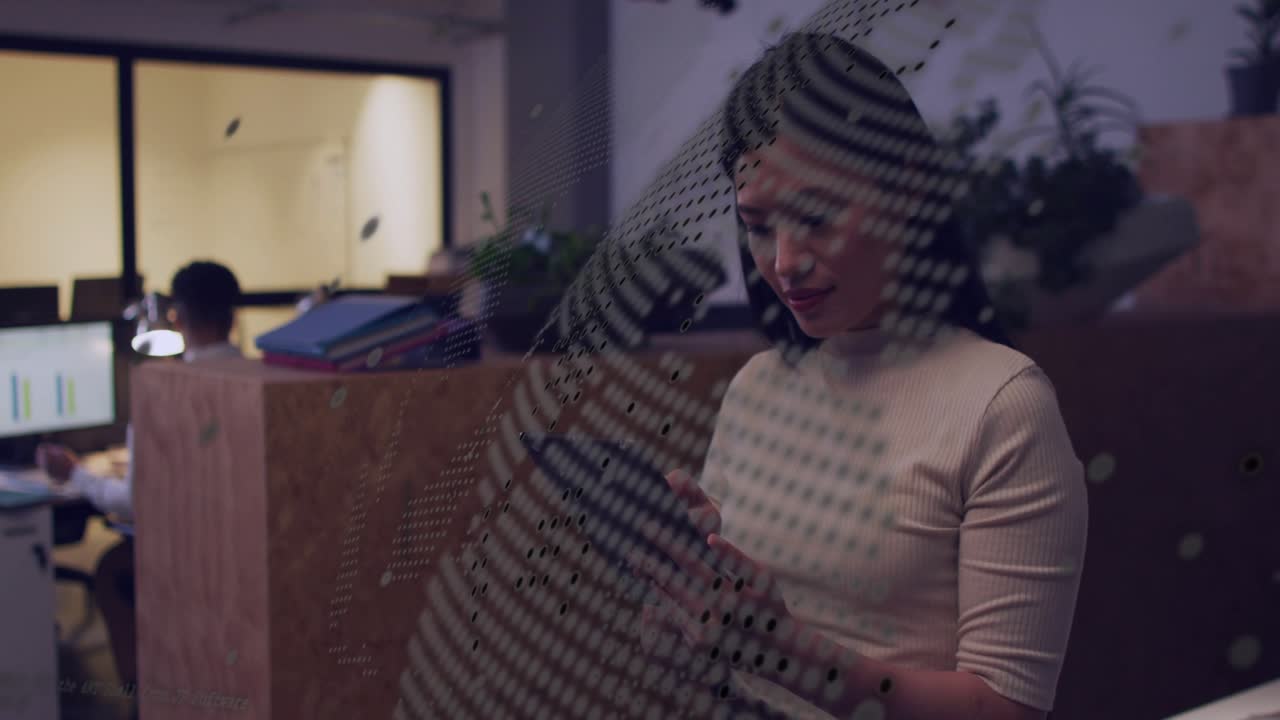 Woman at office tapping and swiping tablet starting dotted panel overlay while reviewing tech data