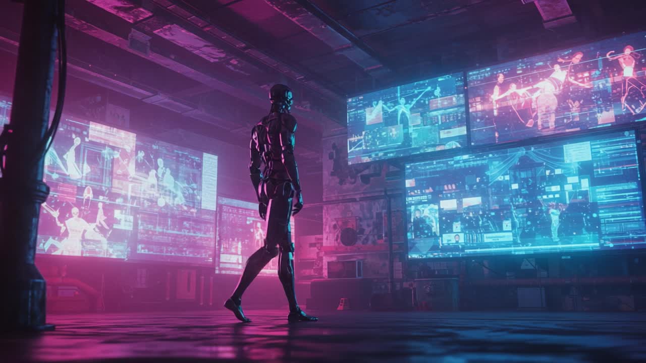 Una impresionante escena futurista con un elegante robot de pie en una sala de control de alta tecnología, rodeado de pantallas digitales iluminadas y visualizaciones de datos.