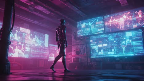 a stunning futuristic scene featuring a sleek robot standing in a high-tech control room surrounded by illuminated digital displays and data visualizations