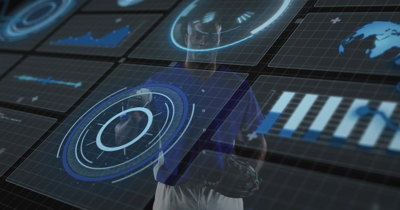 Adult man tapping circular hologram in tech room, expanding bar chart and globe reviewing data