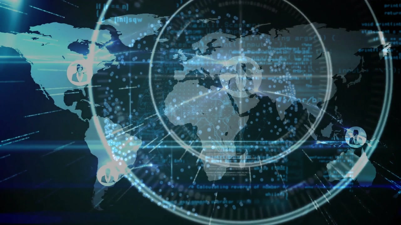 Visualizing connectivity, dots appearing starting ring scanning globe and code, beams linking icons
