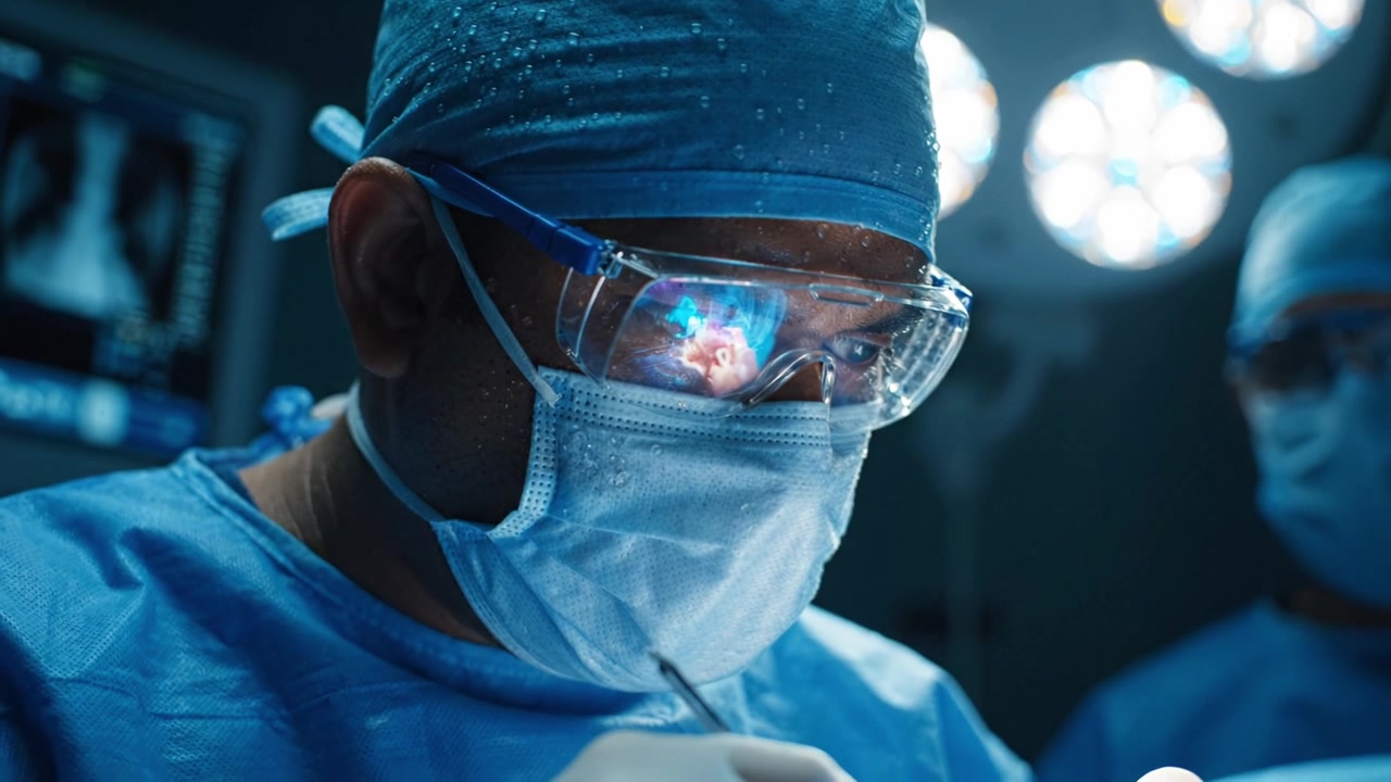 A Focused Surgeon Performing a Delicate Operation Under Bright Surgical Lights and Wearing Protective Gear for Enhanced Safety and Precision in the Operating Room