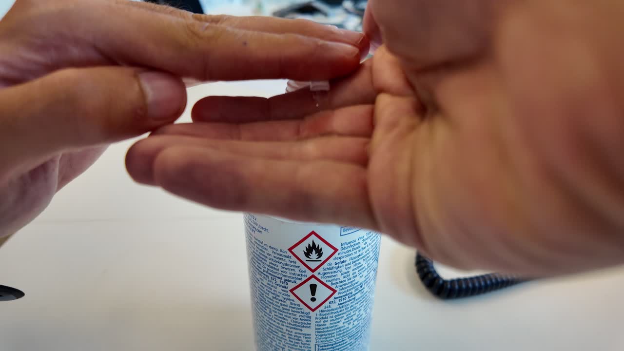 First-person view dispensing sanitizer into palm with hazard symbols visible