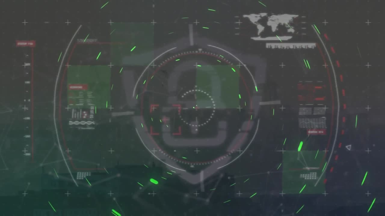 animación de círculos sobre gráfico, barras de carga y mapa contra un fondo negro