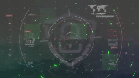 animation of circles over graph, loading bars and map against black background