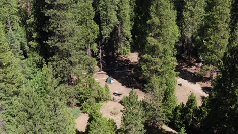 wide aerial shot of remote tent campsite nestled in a thick forest