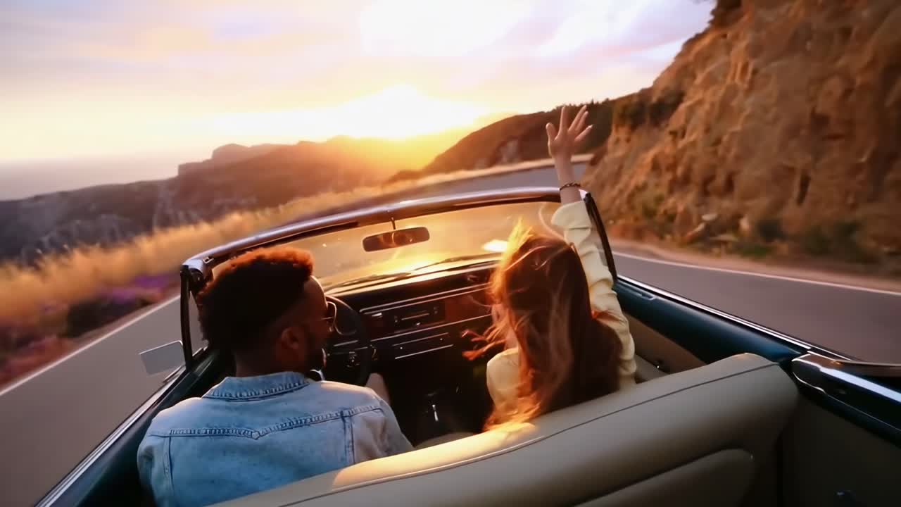 Il video riprende l'angolazione posteriore di una coppia su una cabriolet che si gode un giro al tramonto