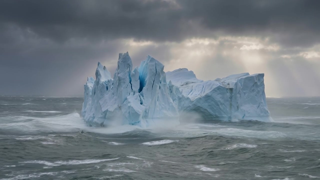 Massiver Eisberg treibt in einem unruhigen grauen Ozean unter einem bewölkten, dramatischen Himmel.