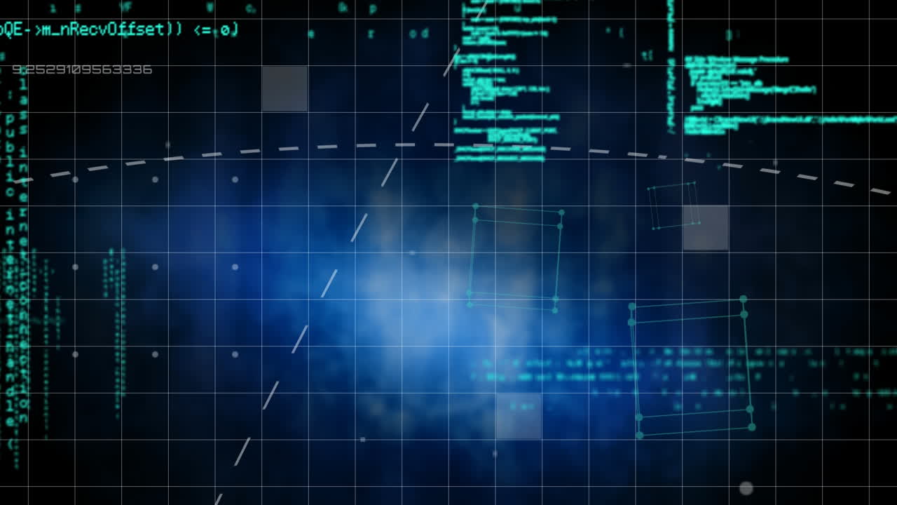 animación del procesamiento de datos sobre la cuadrícula y el fondo brillante