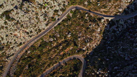 Bird&#039;s Eye View Over Coll dels Reis Mountain Pass In Mallorca, Spain - drone shot