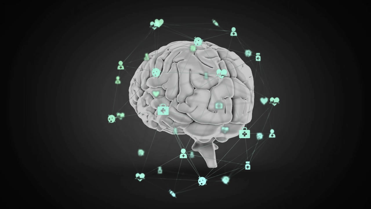 Floating 3D gray brain starting health icon network orbiting camera while pulsing data connections