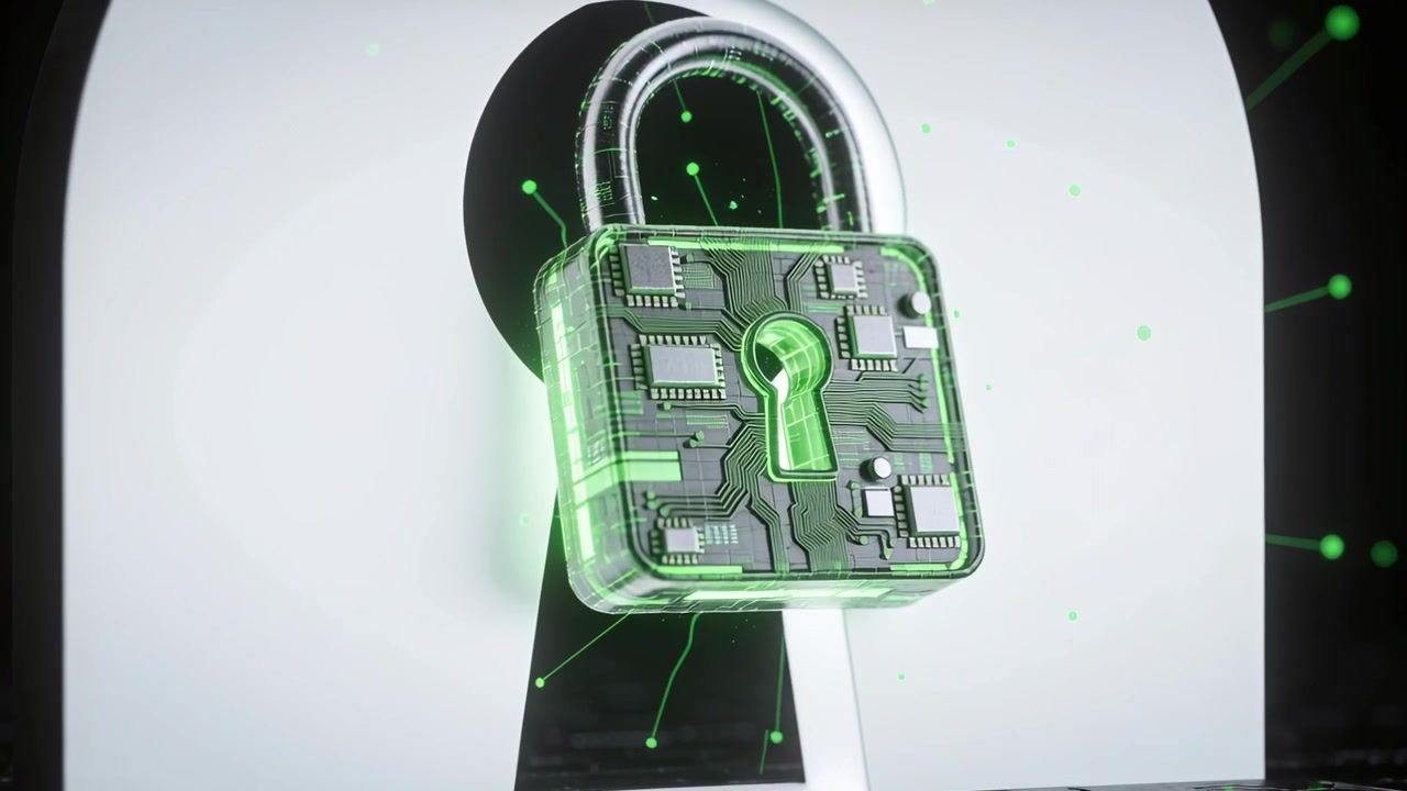 Rotating green padlock sliding into black keyhole in studio, shackle touching spark, unlocking
